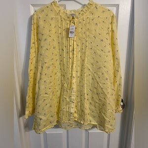 LOFT Yellow Pleated Long Sleeve Blouse